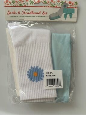 Pilates Yoga Socks & Tie Headband Set NWT White Blue Non Slip Grip